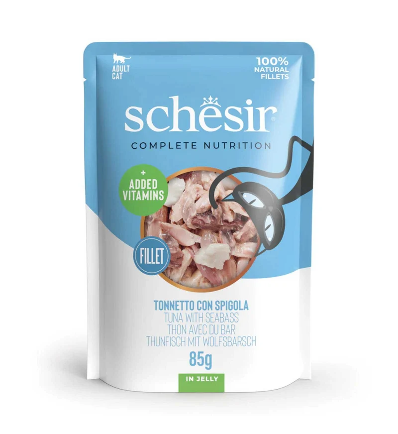 SCHESIR GATTO COMPLETO TONNO E SPIGOLA IN GELATINA DA 85 GR IN BUSTA