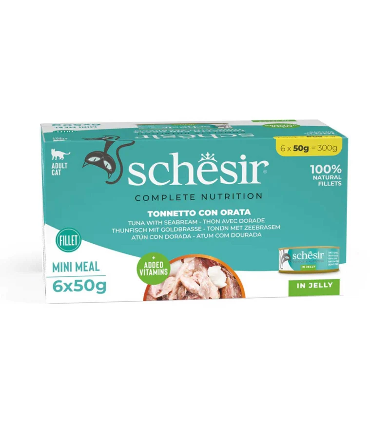 SCHESIR GATTO TONNETTO E ORATA IN GELATINA MULTIPACK 50 GR x 6 PEZZI IN LATTINA