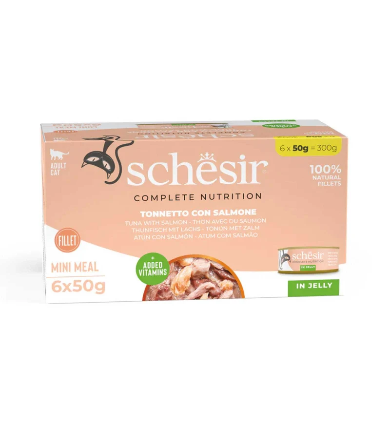 SCHESIR GATTO TONNETTO E SALMONE IN GELATINA MULTIPACK 50 GR x 6 PEZZI IN LATTINA