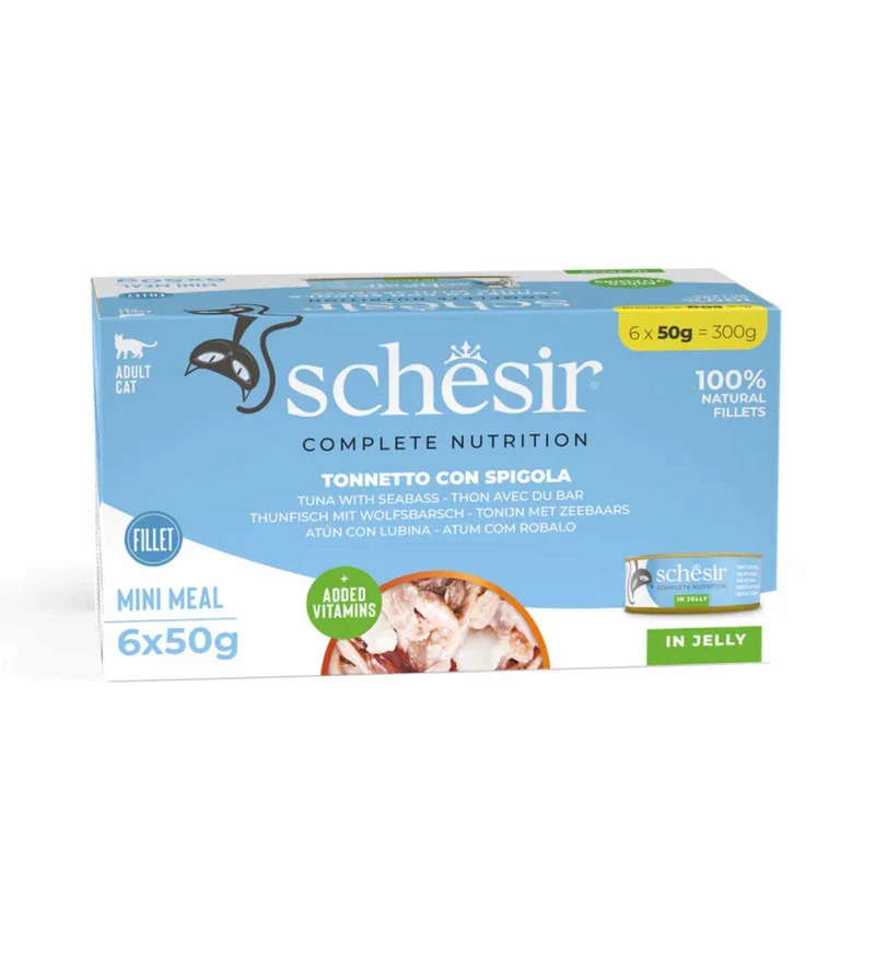 SCHESIR GATTO TONNETTO E SPIGOLA IN GELATINA MULTIPACK 50 GR x 6 PEZZI IN LATTINA