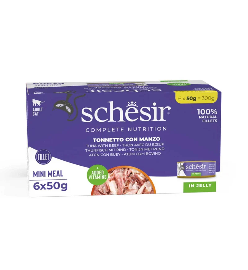 SCHESIR GATTO TONNETTO E MANZO IN GELATINA MULTIPACK 50 GR x 6 PEZZI IN LATTINA