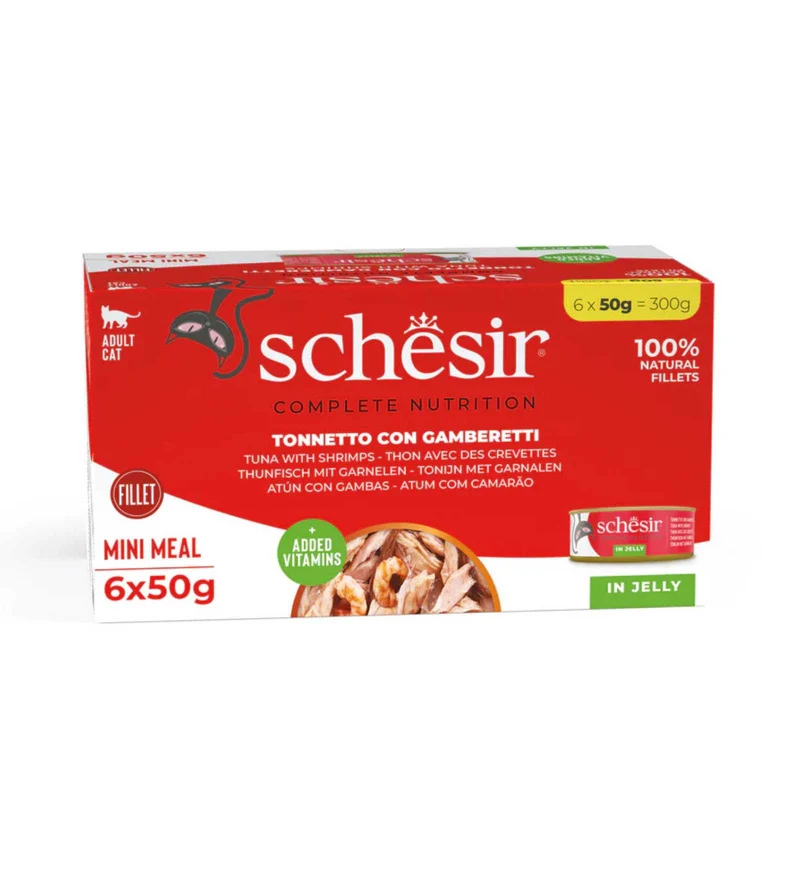 SCHESIR GATTO TONNETTO E GAMBERETTI IN GELATINA MULTIPACK 50 GR x 6 PEZZI IN LATTINA