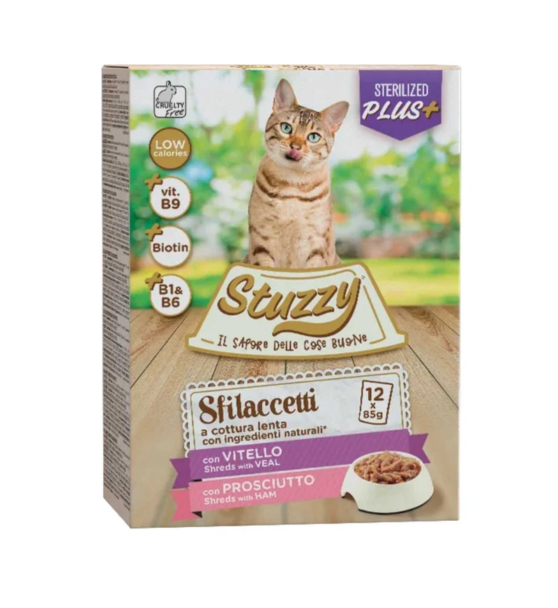 STUZZY GATTO STERLISED CON VITELLO E CON PROSCIUTTO 12 BUSTE DA 85 GR