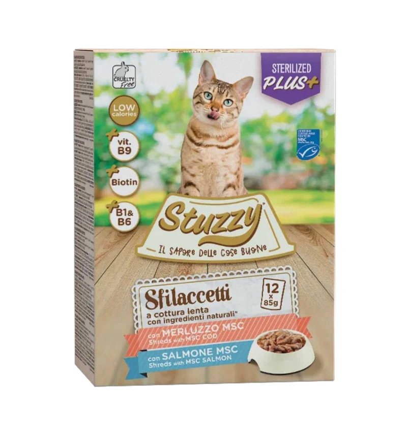 STUZZY GATTO STERLISED PLUS AL MERLUZZO E SALMONE 12 BUSTE DA 85 GR
