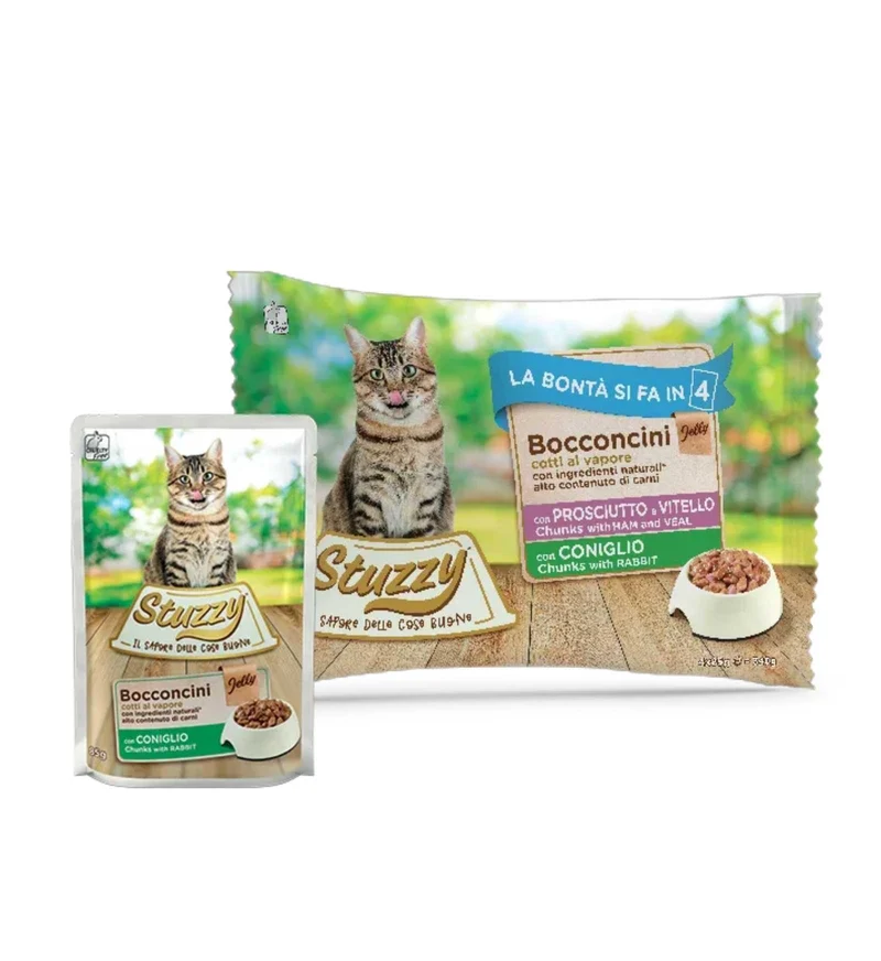STUZZY GATTO ADULT MULTIPACK BOCCONCINI PROSCIUTTO VITELLO CONIGLIO 4 BUSTE DA 85 GR