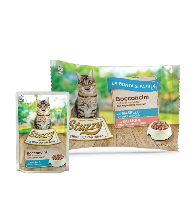 STUZZY GATTO ADULT MULTIPACK BOCCONCINI NASELLO SALMONE 4 BUSTE DA 85 GR
