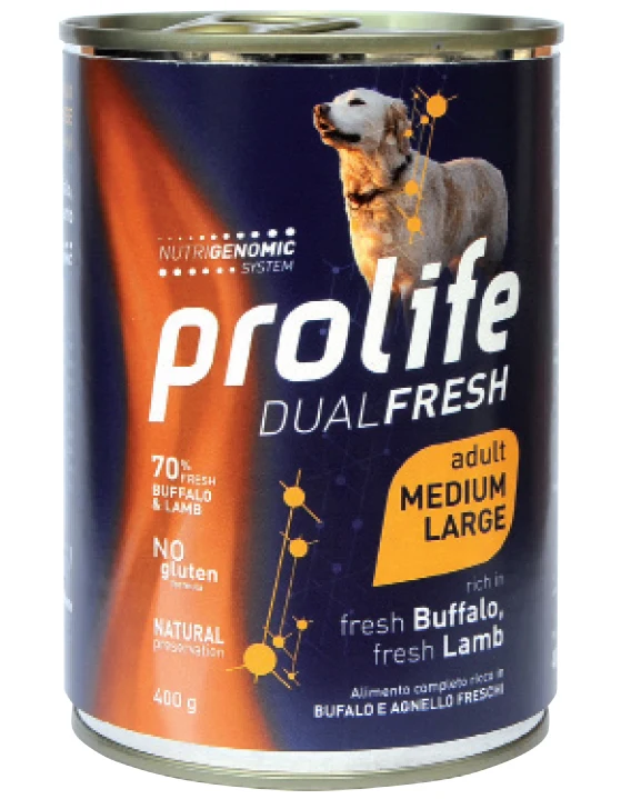 Prolife Cane Dual Fresh Adulto Medium & Large Bufalo, Agnello & Riso Lattina 400 g