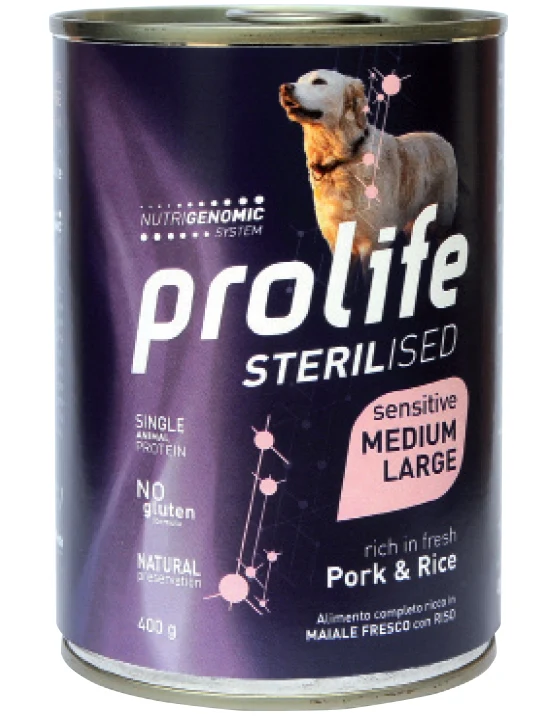Prolife Cane Sterilised Sensitive Adulto Medium & Large Maiale & Riso Lattina 400 g