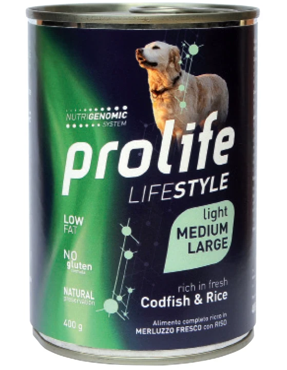 Prolife Cane Lifestyle Light Adulto Medium & Large Merluzzo & Riso Lattina 400 g