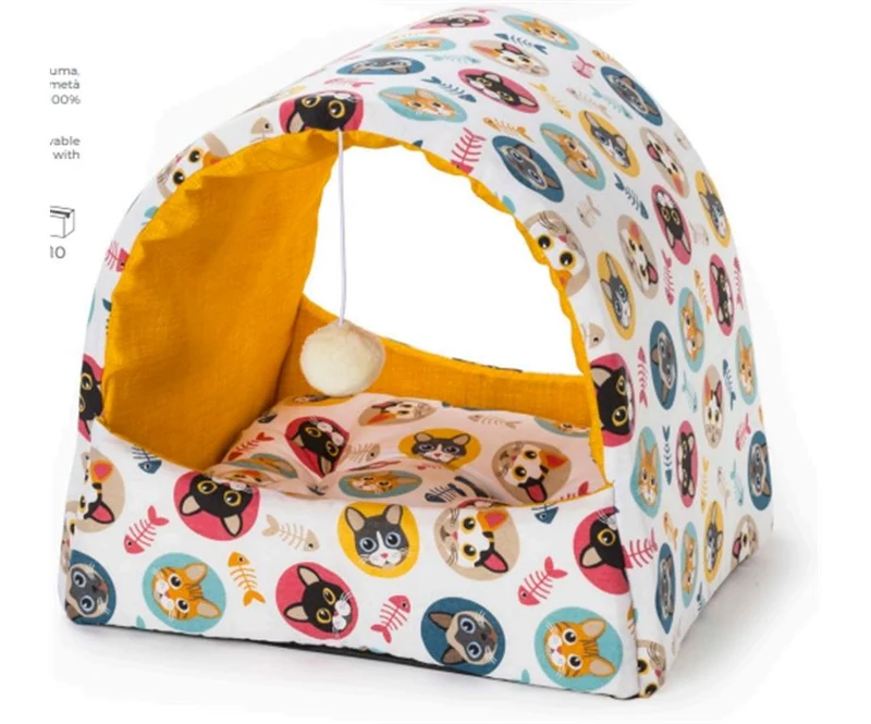 Cuccia a Forma di Tenda per Gatti Multicolor con Cuscino - 45x38x40 cm