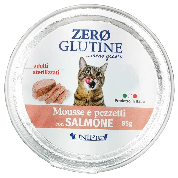 Unipro Zero Glutine Mousse e Pezzetti al Salmone - Umido Gatti - 85 g