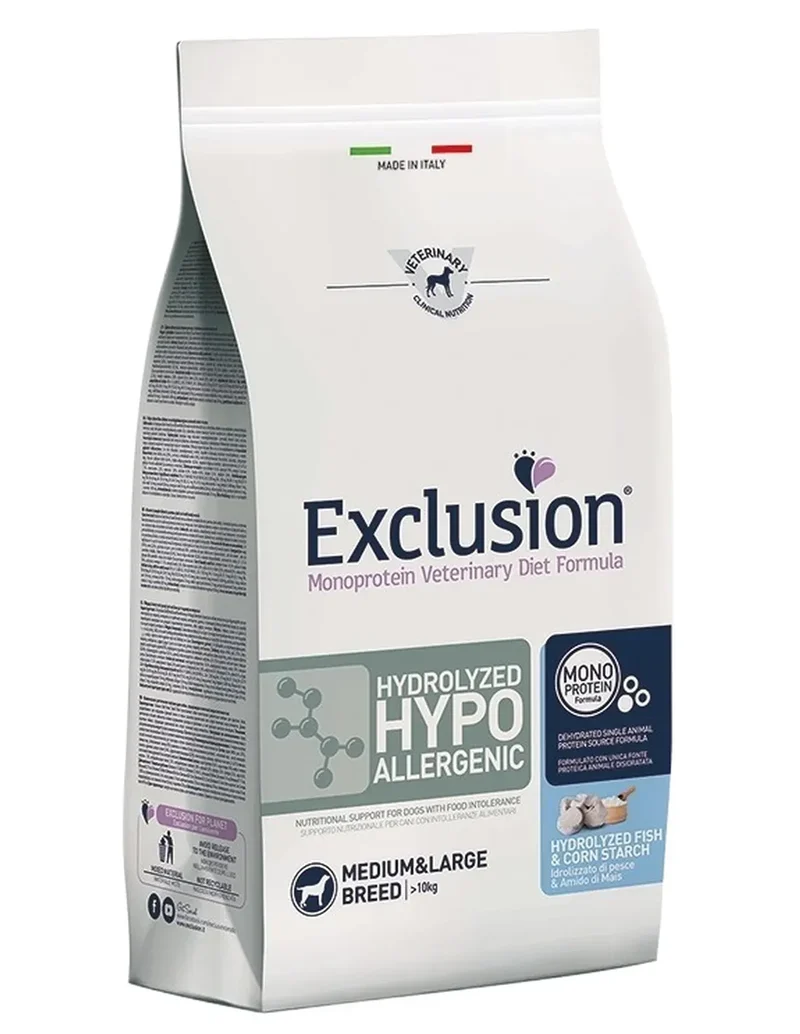 Exclusion Veterinary Diet Hydrolyzed Hypoallergenic Pesce e Mais - 12 kg