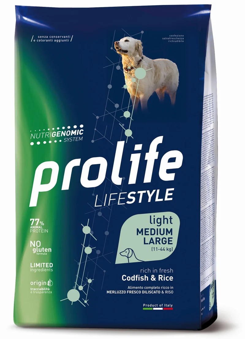 Prolife Cane Lifestyle Light Adulto Medium & Large Merluzzo & Riso 12 kg