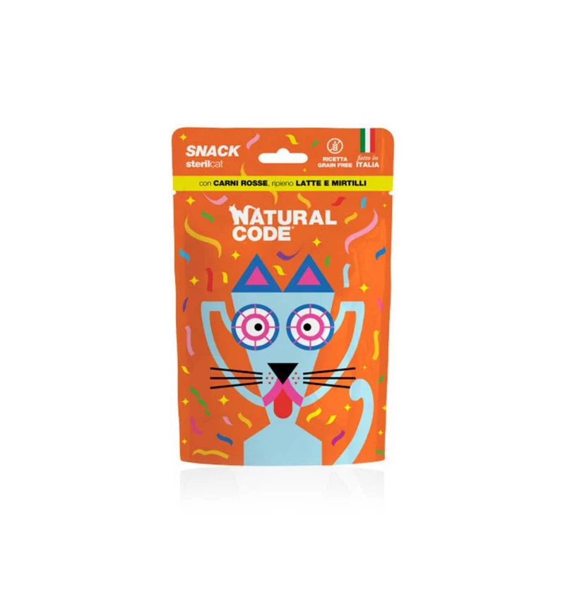 NATURAL CODE GATTO SNACK STERILIZZATO CARNI ROSSE E MIRTILLI DA 60 GR IN BUSTA