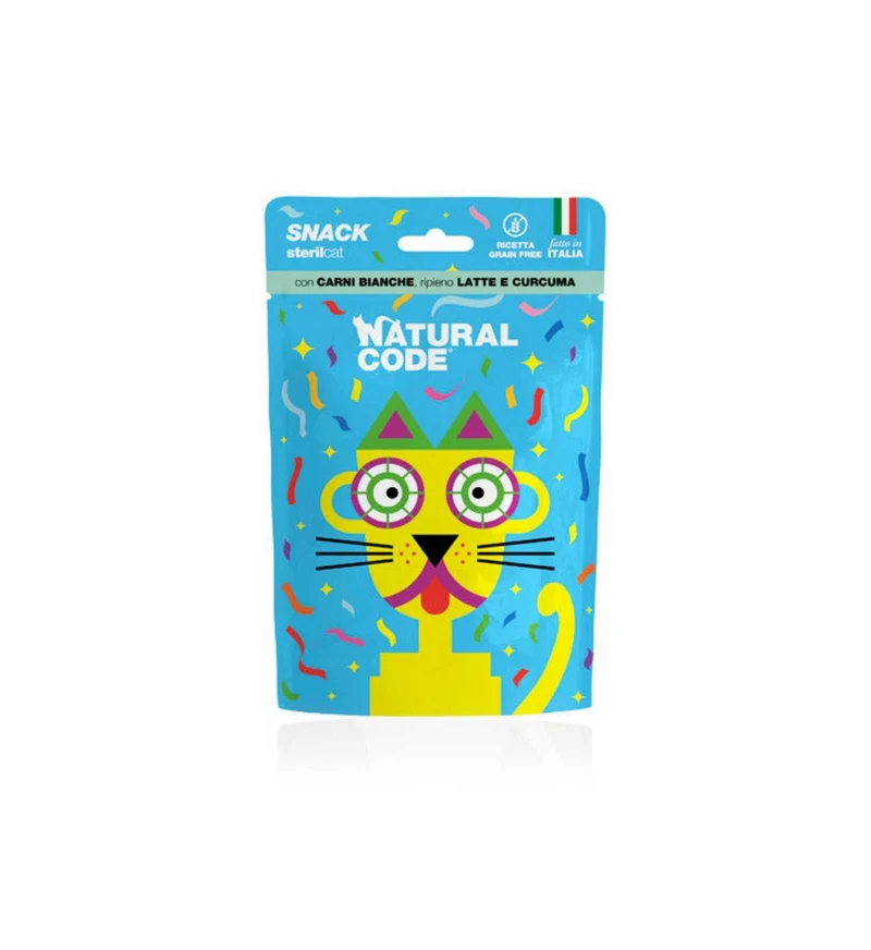 NATURAL CODE GATTO SNACK STERILIZZATO CARNI BIANCHE E CURCUMA DA 60 GR IN BUSTA