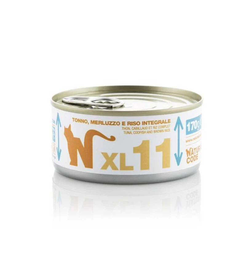 NATURAL CODE GATTO XL11 TONNO MERLUZZO E RISO INTEGRALE IN ACQUA DI COTTURA DA 170 GR IN LATTINA