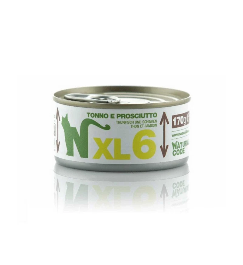 NATURAL CODE GATTO XL6 TONNO E PROSCIUTTO IN ACQUA DI COTTURA DA 170 GR IN LATTINA