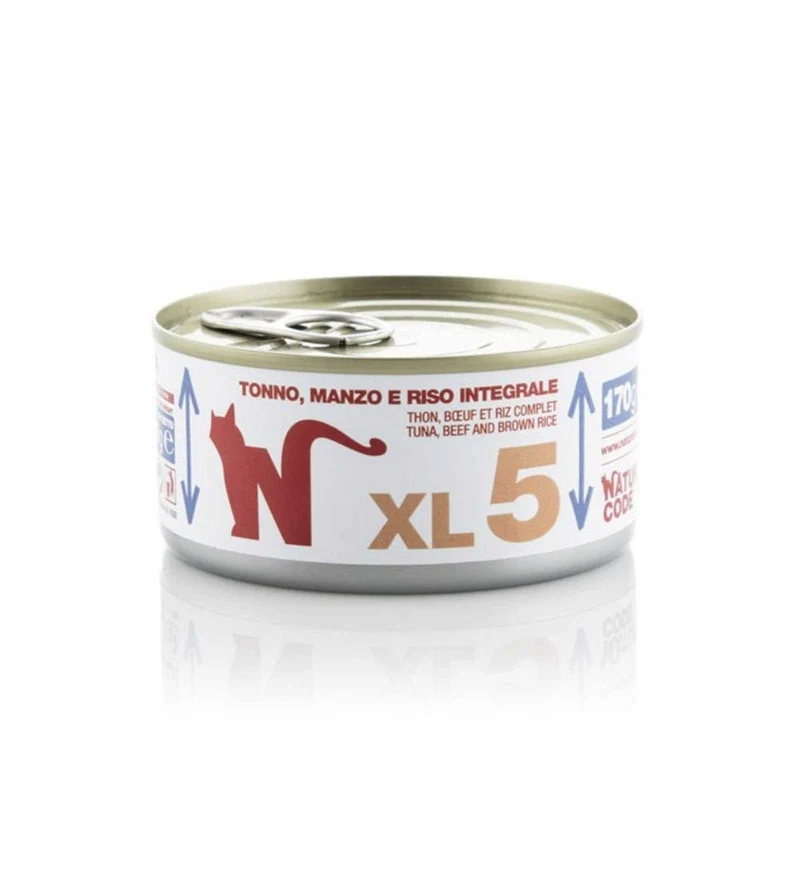 NATURAL CODE GATTO XL5 TONNO MANZO E RISO INTEGRALE IN ACQUA DI COTTURA DA 170 GR IN LATTINA