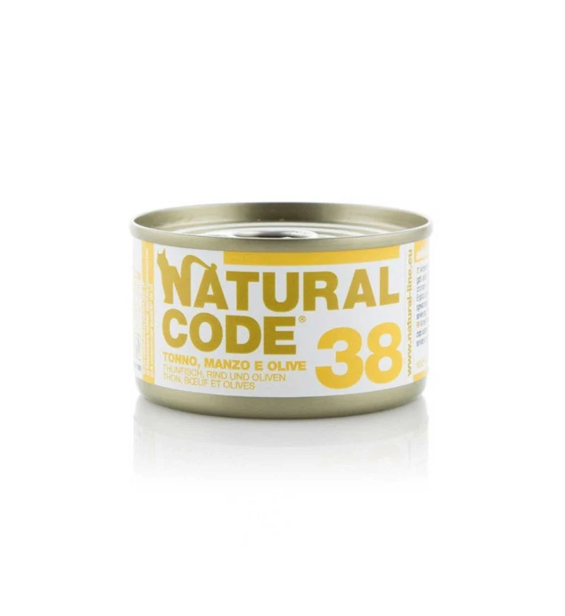 NATURAL CODE GATTO 38 TONNO MANZO E OLIVE IN ACQUA DI COTTURA DA 85 GR IN LATTINA