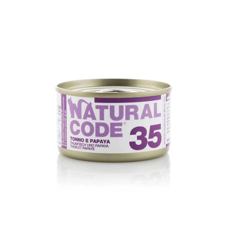 NATURAL CODE GATTO 35 TONNO E PAPAYA IN ACQUA DI COTTURA DA 85 GR IN LATTINA