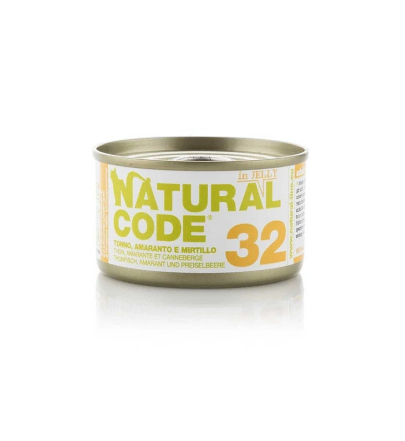 NATURAL CODE GATTO 32 TONNO AMARANTO E MIRTILLI IN GELATINA DA 85 GR IN LATTINA