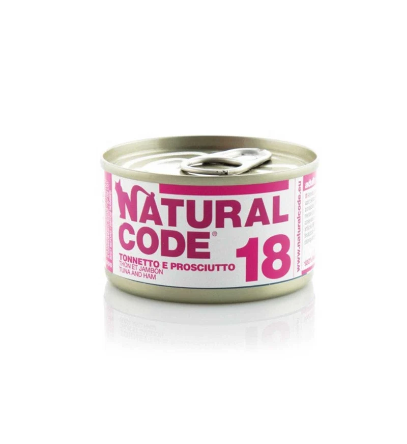 NATURAL CODE GATTO 18 TONNETTO E PROSCIUTTO IN ACQUA DI COTTURA DA 85 GR IN LATTINA