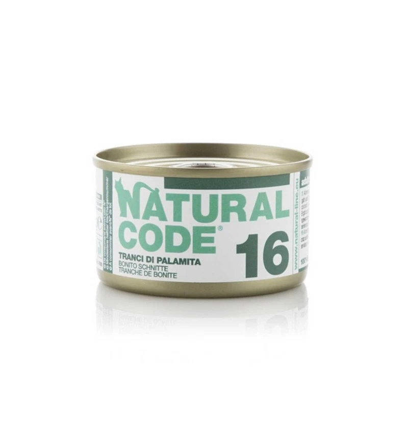 NATURAL CODE GATTO 16 TRANCI DI PALAMITA IN ACQUA DI COTTURA DA 85 GR IN LATTINA