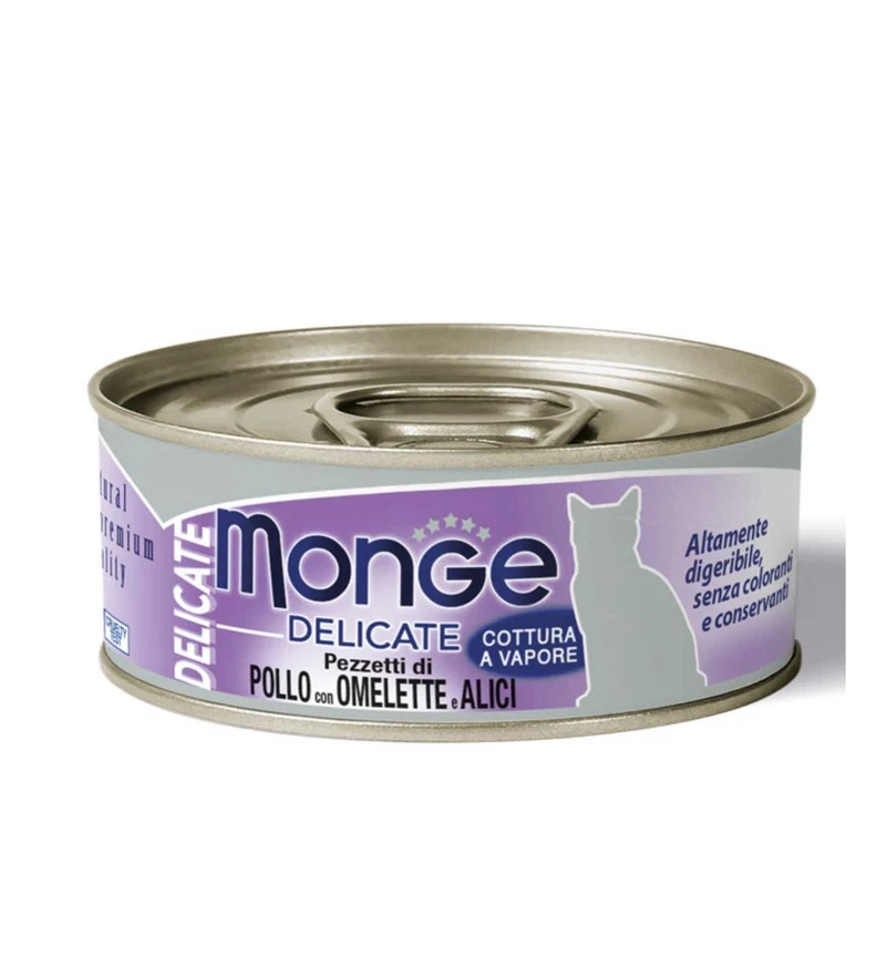 MONGE GATTO DELICATE AL POLLO OMELETTE E ALICI DA 80 GR IN LATTINA