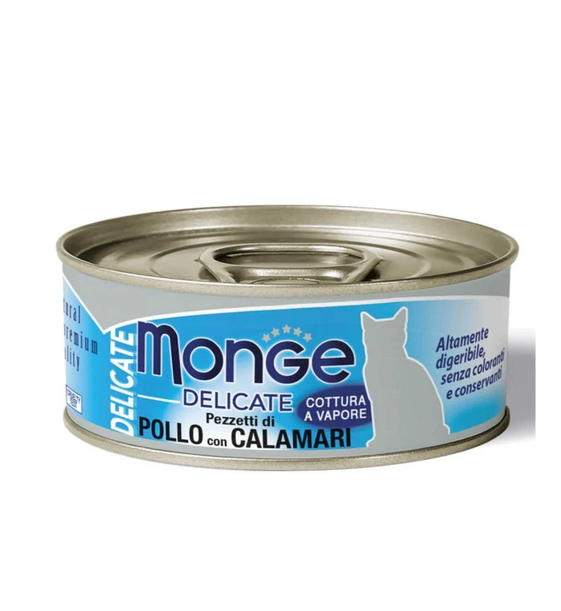 MONGE GATTO DELICATE AL POLLO E CALAMARI DA 80 GR IN LATTINA