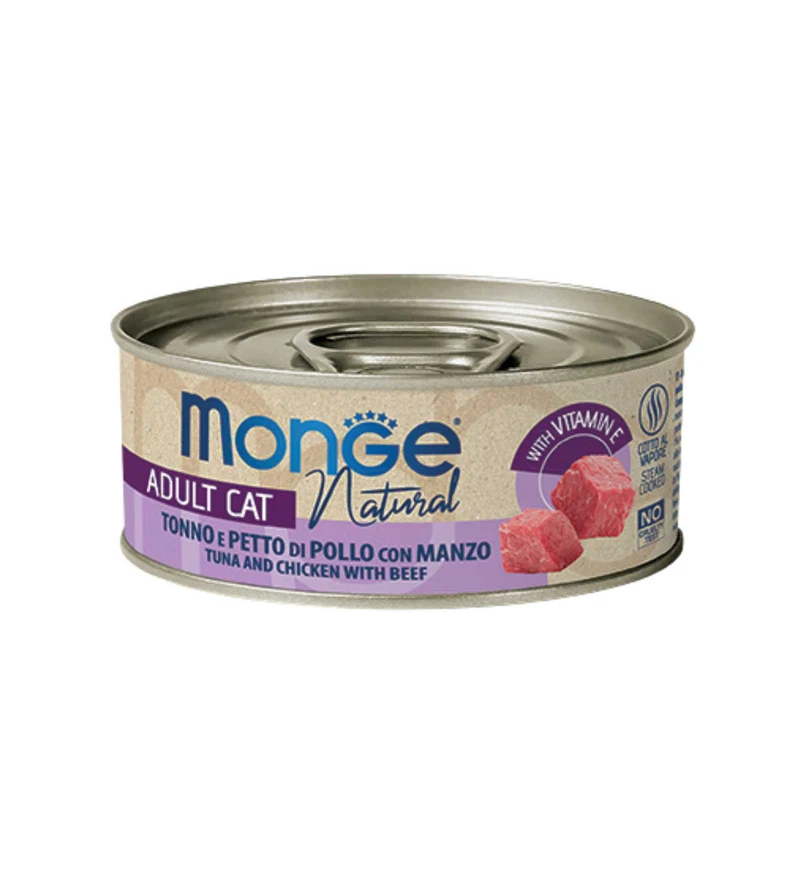MONGE GATTO NATURAL AL TONNO PETTO DI POLLO CON MANZO DA 80 GR IN LATTINA