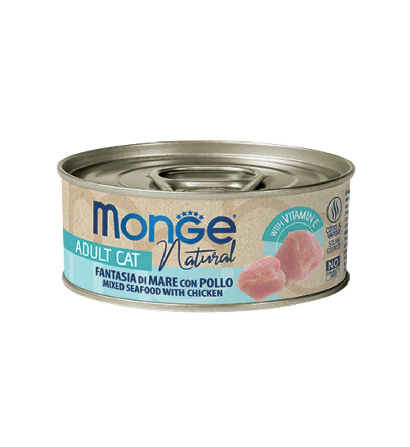 MONGE GATTO NATURAL AL POLLO E FANTASIA DI MARE DA 80 GR IN LATTINA