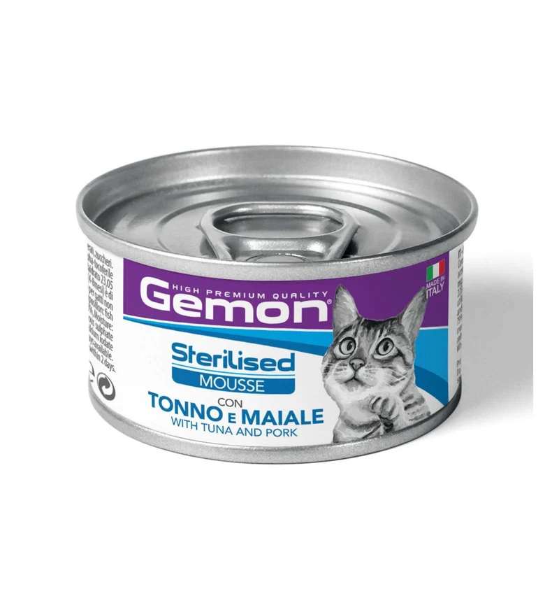 MONGE GATTO GEMON MOUSSE STERILIZZATO TONNO E MAIALE DA 85 GR IN LATTINA