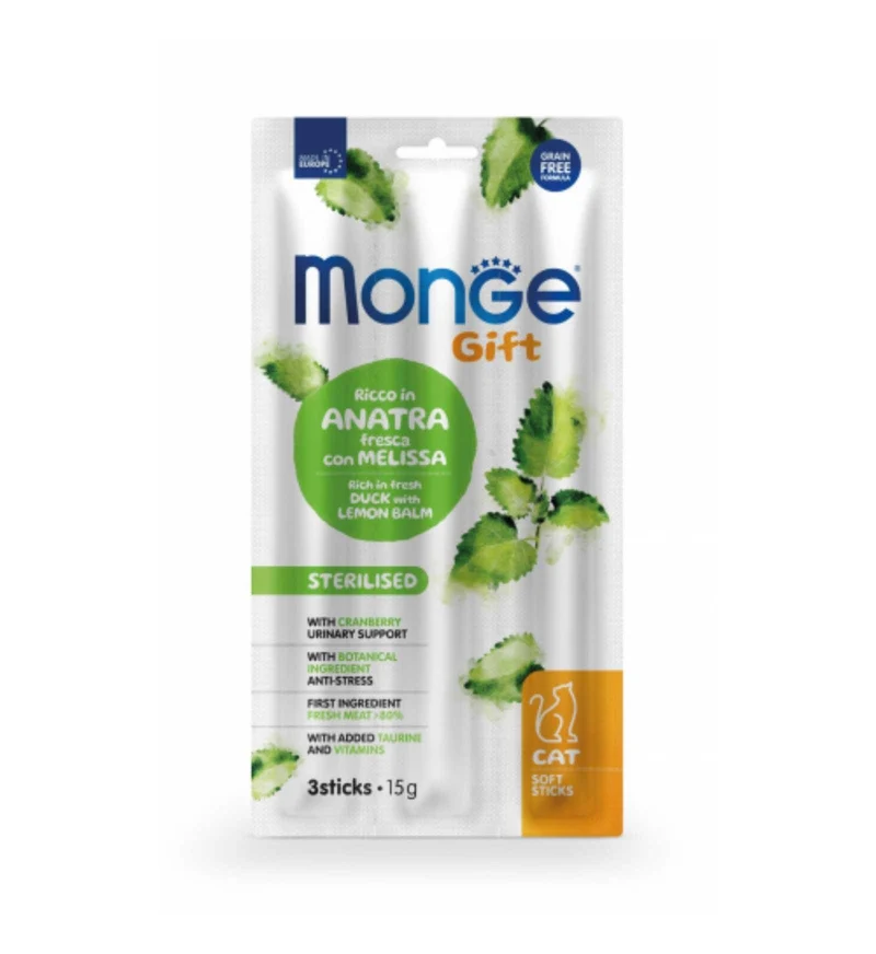 MONGE GATTO SNACK SOFTSTICK STERILISED RICCO IN ANATRA FRESCA CON MELISSA E MIRTILLI ROSSI DA 15 GR