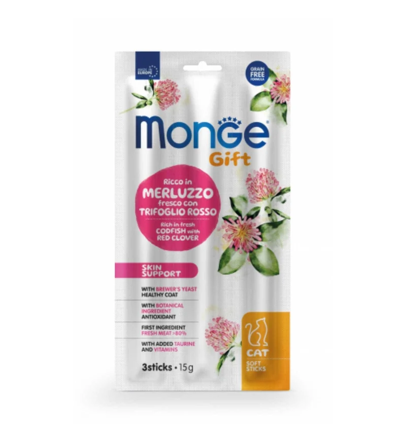 MONGE GATTO SNACK SOFTSTICK SKIN SUPPORT RICCO IN MERLUZZO FRESCO CON TRIFOGLIO ROSSO DA 15 GR