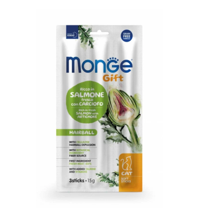 MONGE GATTO SNACK SOFTSTICK HAIRBALL RICCO IN SALMONE FRESCO CON CARCIOFO DA 15 GR