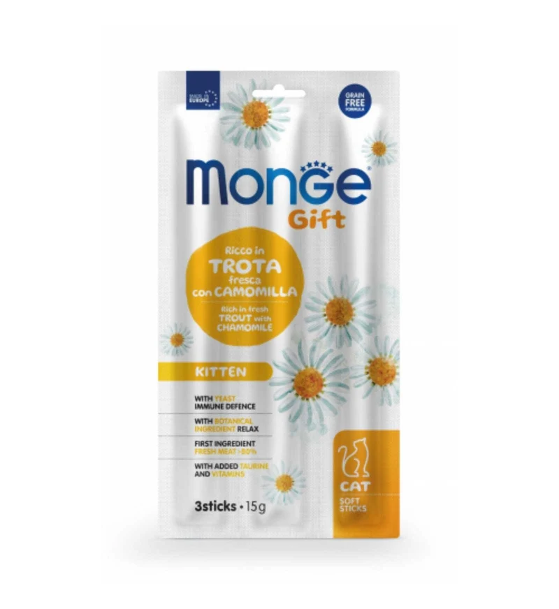 MONGE GATTO SNACK SOFTSTICK KITTEN RICCO IN TROTA FRESCA CON CAMOMILLA DA 15 GR