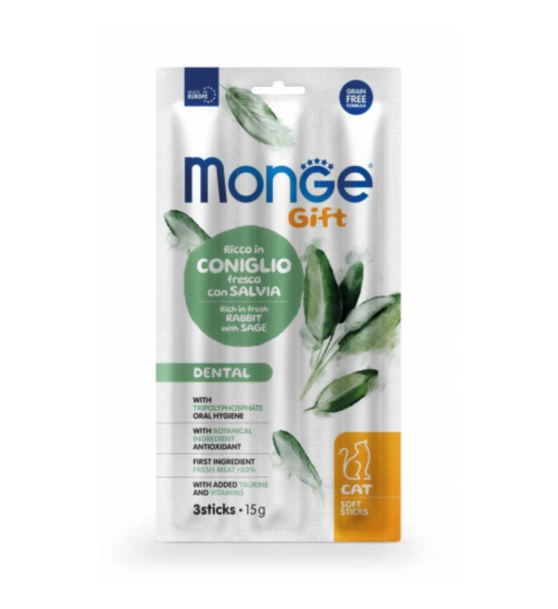 MONGE GATTO SNACK SOFTSTICK DENTAL RICCO IN CONIGLIO FRESCO CON SALVIA DA 15 GR