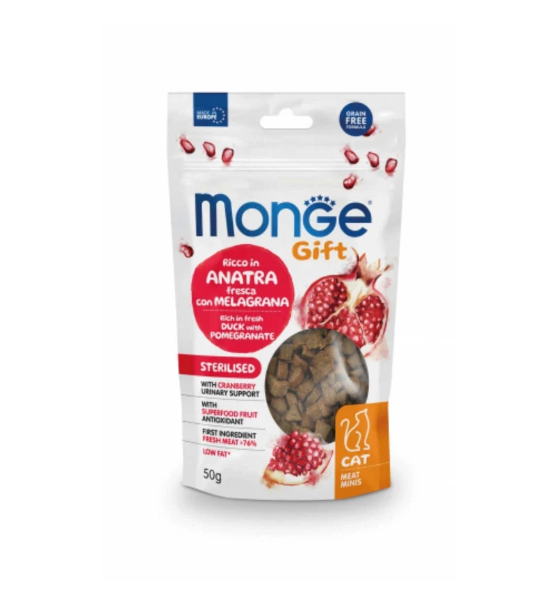 MONGE GATTO SNACK MEATMINIS STERILISED RICCO IN ANATRA FRESCA CON MELAGRANA E MIRTILLI ROSSI DA 50 GR