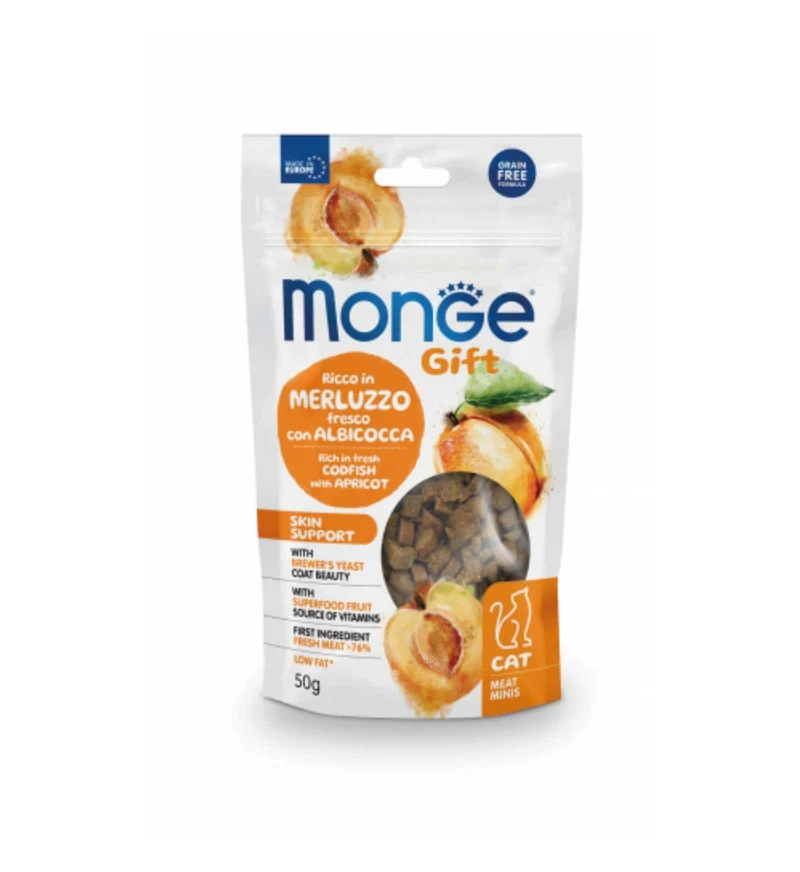 MONGE GATTO SNACK MEATMINIS SKIN SUPPORT RICCO IN MERLUZZO FRESCO CON ALBICOCCA DA 50 GR