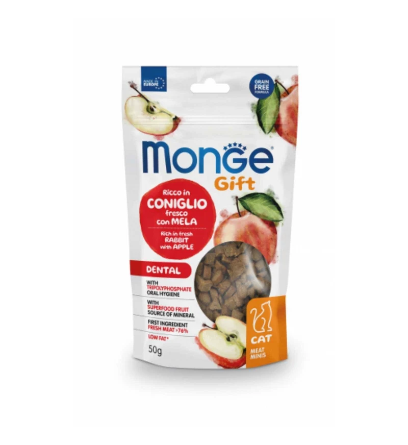 MONGE GATTO SNACK MEATMINIS DENTAL RICCO IN CONIGLIO FRESCO CON MELA DA 50 GR