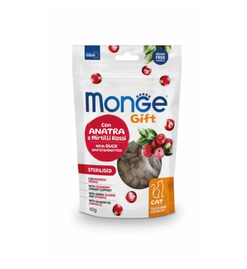 MONGE GATTO SNACK FILL AND CRUNCHY STERILSED CON ANATRA E MIRTILLI ROSSI DA 60 GR