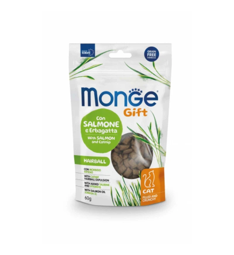 MONGE GATTO SNACK FILL AND CRUNCHY HAIRBALL CON SALMONE ED ERBA GATTA DA 60 GR
