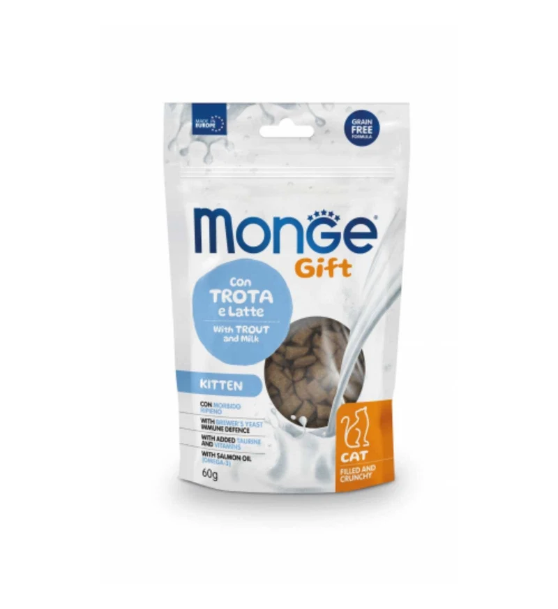 MONGE GATTO SNACK FILL AND CRUNCHY KITTEN CON TROTA E LATTE DA 60 GR
