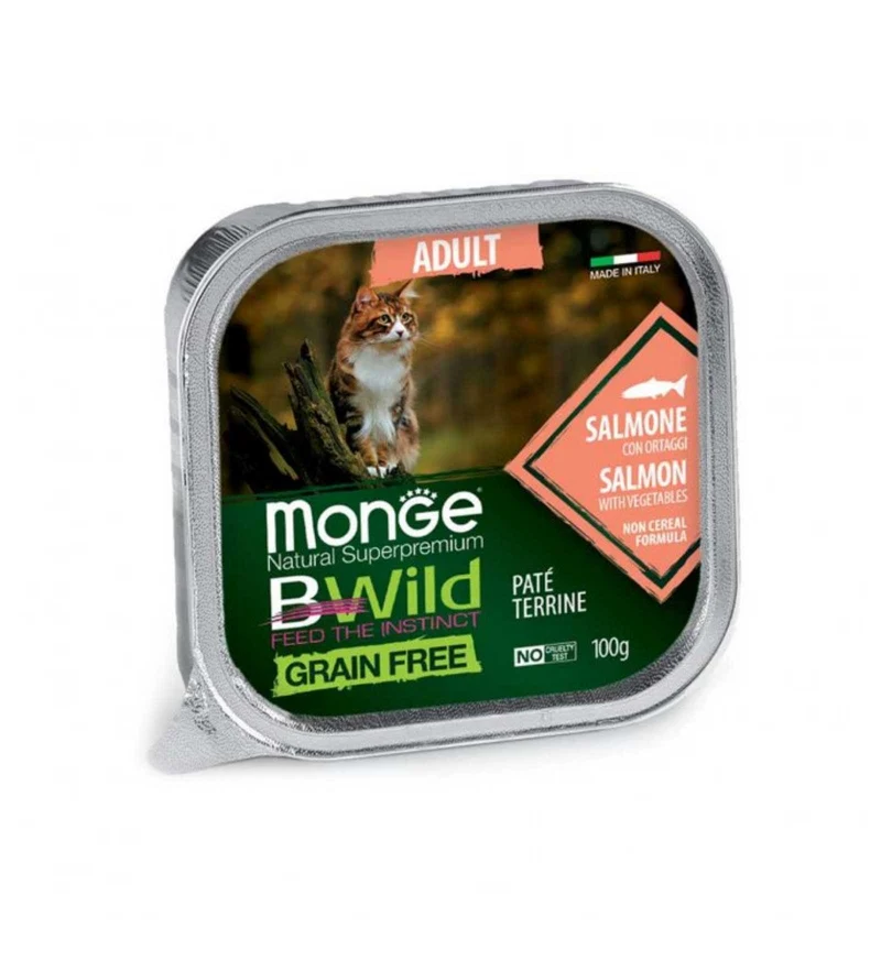 MONGE BWILD GATTO ADULT AL SALMONE CON ORTAGGI DA 100 GR IN VASCHETTA