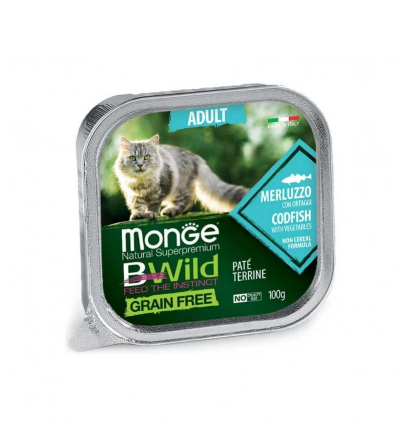 MONGE BWILD GATTO ADULT AL MERLUZZO CON ORTAGGI DA 100 GR IN VASCHETTA