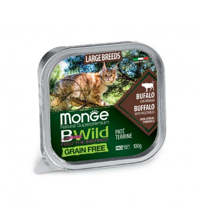 MONGE BWILD GATTO LARGE BREEDS AL BUFALO CON ORTAGGI DA 100 GR IN VASCHETTA
