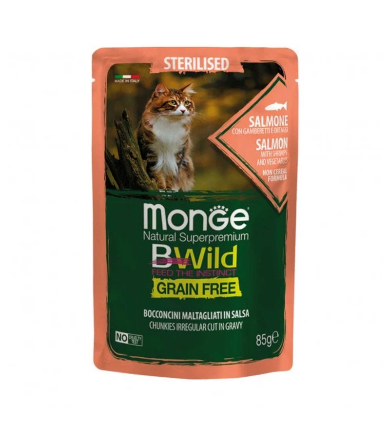 MONGE BWILD GATTO STERILIZZATO AL SALMONE CON GAMBERETTI E ORTAGGI DA 85 GR IN BUSTA