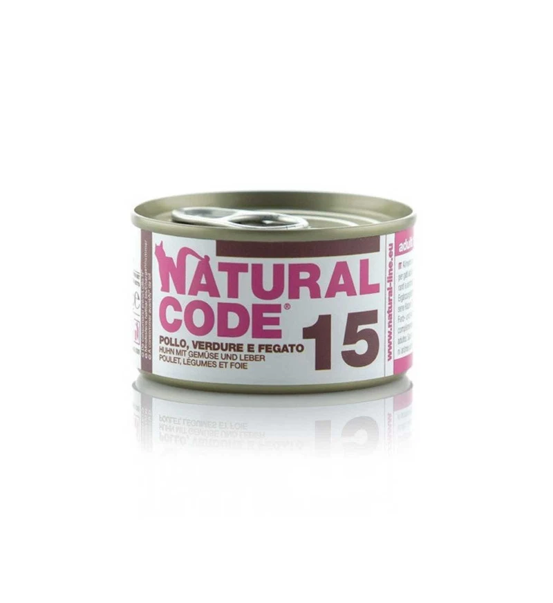 NATURAL CODE GATTO 15 POLLO VERDURE E FEGATO IN ACQUA DI COTTURA DA 85 GR IN LATTINA