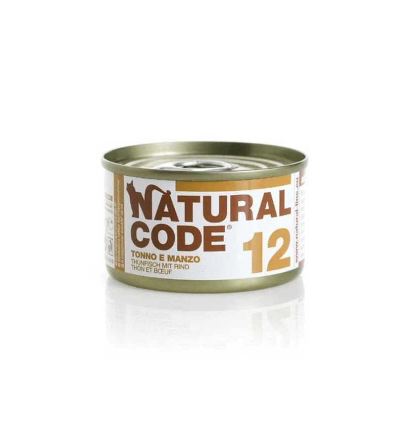 NATURAL CODE GATTO 12 TONNO E MANZO IN ACQUA DI COTTURA DA 85 GR IN LATTINA