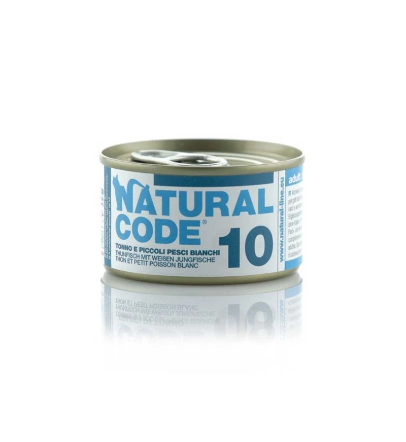 NATURAL CODE GATTO 10 TONNO E PICCOLI PESCI BIANCHI IN ACQUA DI COTTURA DA 85 GR IN LATTINA